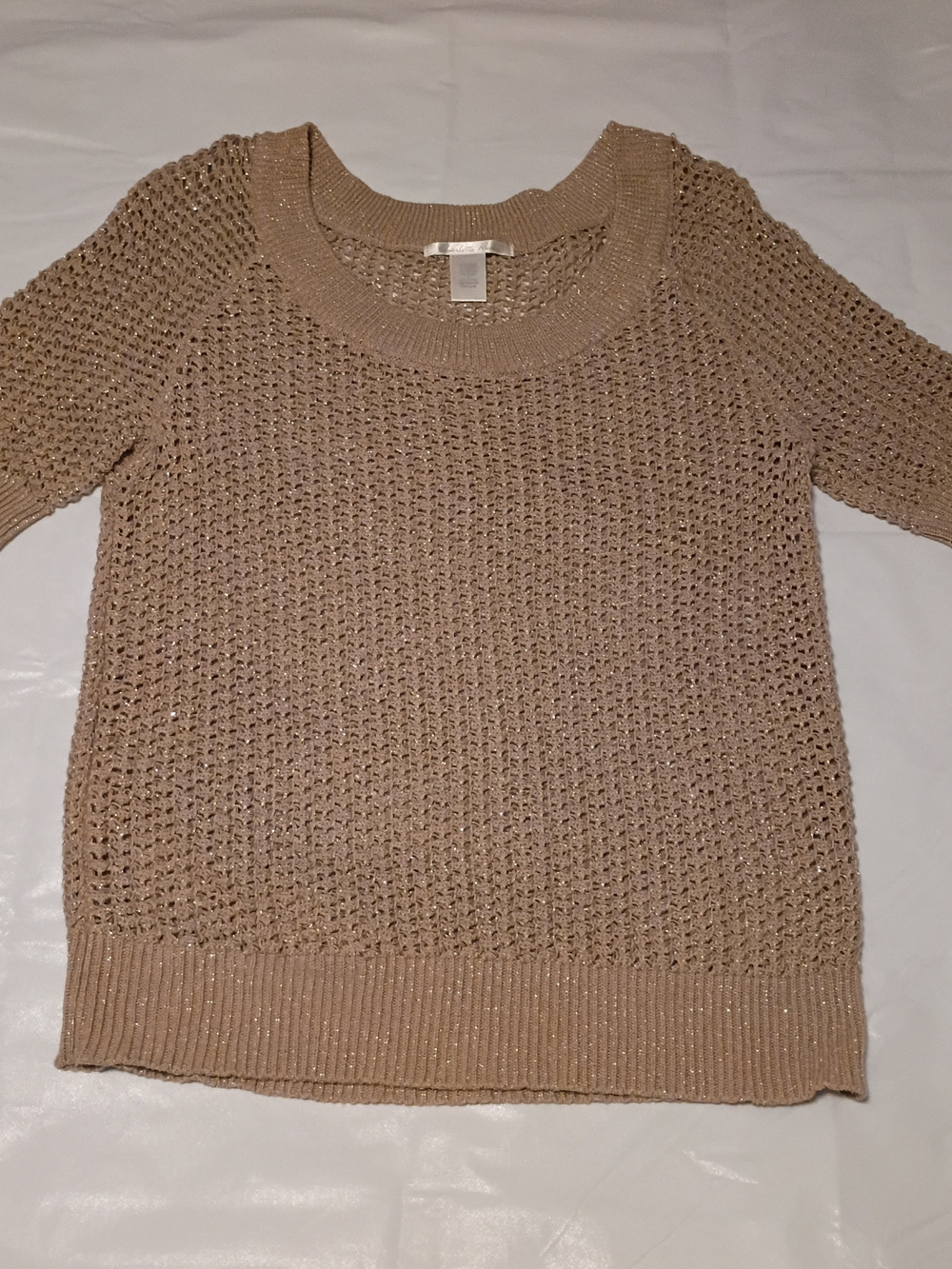 Charlotte Rousse Women's Large Open Knit Short Sleeve Sweater - Beige